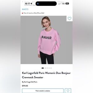 New Karl Lagerfeld Pink 'Bonjour' Crewneck Sweater with Graphic